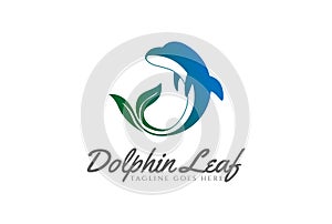 Jumping Ocean Dolphin Fish with Green Leaf Tail Logo Design Vector