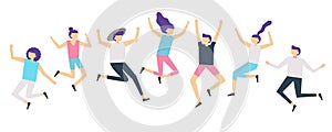 Jumping people. Active adults friends group jump. Happy female and male characters jumped and laugh vector illustration