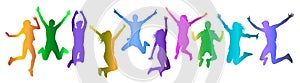 Jumping people crowd silhouette colorful gradient, set. Vector illustration