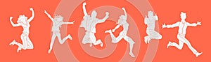 Jumping people silhouette on the orange background.various poses jumping people character. hand drawn style vector design illustra