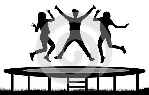Jumping people on a trampoline silhouette, jump friends photo