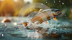 Jumping rainbow trout in the lake