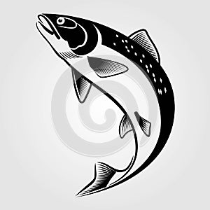 Jumping salmon fish icon isolated on white background.