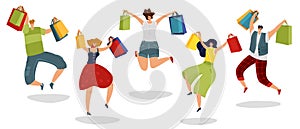 Jumping shopping people. Happy customers with gift bags supermarket men women shoppers in jump vector isolated concept photo