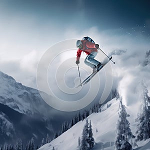 Jumping skier is skiing on the slopes of the mountains. Extreme winter sports in the mountains. Generative AI