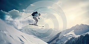 Jumping skier is skiing on the slopes of the mountains. Extreme winter sports in the mountains. Generative AI