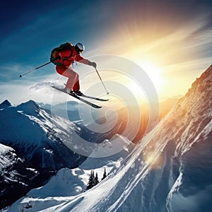 Jumping skier is skiing on the slopes of the mountains. Extreme winter sports in the mountains. Generative AI