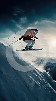 Jumping skier is skiing on the slopes of the mountains. Extreme winter sports in the mountains. Generative AI