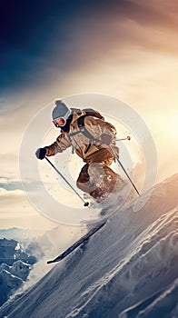 Jumping skier is skiing on the slopes of the mountains. Extreme winter sports in the mountains. Generative AI