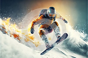 Jumping skier Snowboarding Extreme Winter Sport, High Speed Snow Jump. Generative AI