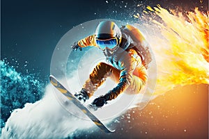 Jumping skier Snowboarding Extreme Winter Sport, High Speed Snow Jump. Generative AI