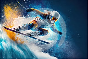 Jumping skier Snowboarding Extreme Winter Sport, High Speed Snow Jump. Generative AI