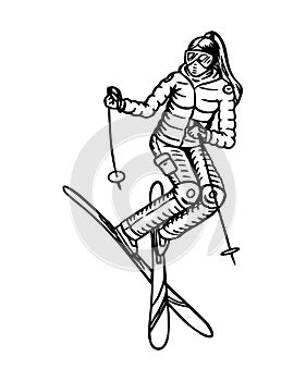 Jumping skier woman. Active winter sport. Engraved hand drawn vintage sketch athlete for label or signboard or web site
