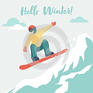 Jumping snowboarder on snow mountains on light background vector flat cartoon illustration. Lettering Hello Winter. Winter card,