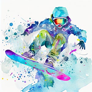 Jumping snowboarder. Watercolor illustration of a kid on a snowboard. Snowboarding