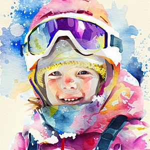 Jumping snowboarder. Watercolor illustration of a kid on a snowboard. Snowboarding