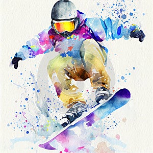 Jumping snowboarder. Watercolor illustration of a kid on a snowboard. Snowboarding