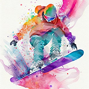 Jumping snowboarder. Watercolor illustration of a man on a snowboard. Snowboarding