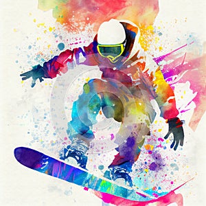 Jumping snowboarder. Watercolor illustration of a man on a snowboard. Snowboarding