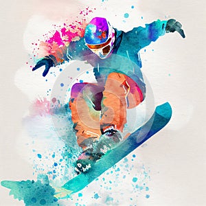 Jumping snowboarder. Watercolor illustration of a man on a snowboard. Snowboarding