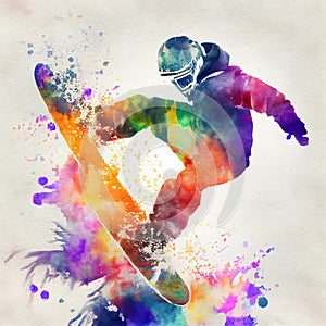 Jumping snowboarder. Watercolor illustration of a man on a snowboard. Snowboarding