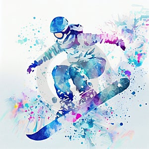 Jumping snowboarder. Watercolor illustration of a woman on a snowboard. Snowboarding