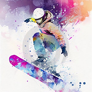 Jumping snowboarder. Watercolor illustration of a woman on a snowboard. Snowboarding