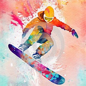 Jumping snowboarder. Watercolor illustration of a woman on a snowboard. Snowboarding