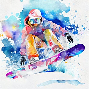 Jumping snowboarder. Watercolor illustration of a woman on a snowboard. Snowboarding
