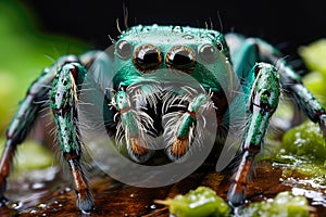 jumping spider close up on a black background with water droplets. Generative AI