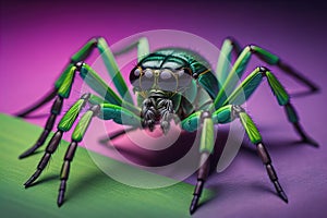 jumping spider closeup on solid color background, copyspace. ai generative