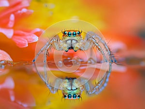 Jumping Spider Reflecting on Vibrant Surface. Generated AI