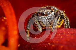 Jumping spider on a ruby red petal with dew drops