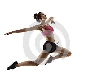 Jumping Sport Woman, Happy Fitness Girl in Jump, Active People