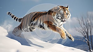 jumping tiger on the snow. The Siberian tiger (Panthera tigris tigris). generative ai