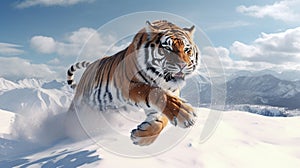 jumping tiger on the snow. The Siberian tiger (Panthera tigris tigris). generative ai