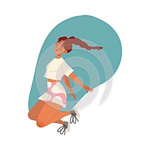 Jumping Woman Character with Braid Having Happy Face Feeling Joy and Excitement Vector Illustration