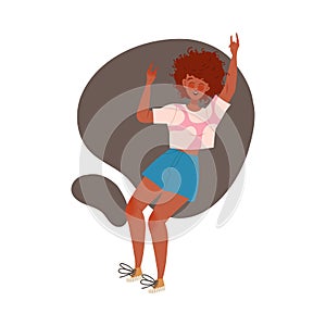 Jumping Woman Character with Happy Face Feeling Joy and Excitement Showing Horn Sign Vector Illustration