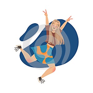 Jumping Woman Character with Happy Face Feeling Joy and Excitement Showing V Sign Vector Illustration