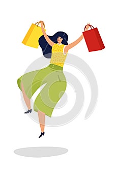 Jumping woman. Happy excited woman with shopping bags in supermarket isolated vector illustration