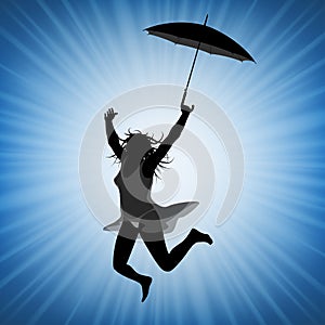 Jumping woman with umbrella