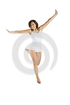 Jumping woman on white background