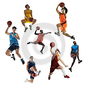 Sport collage about multi ethnic sportsmen, basketball players playing with balls isolated on white background with copy