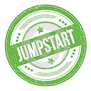JUMPSTART text on green round grungy stamp