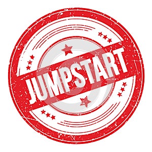 JUMPSTART text on red round grungy stamp