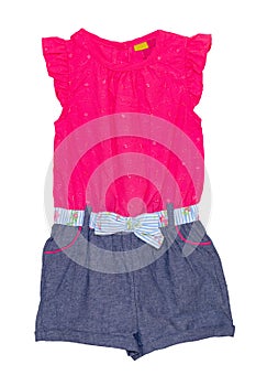 Jumpsuit isolated. Closeup of a stylish sleeveles pink blue denim jumpsuit with a clorful ribbon bow isolated on a white