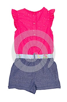 Jumpsuit isolated. Closeup of a stylish sleeveles pink blue denim jumpsuit with a clorful ribbon bow isolated on a white