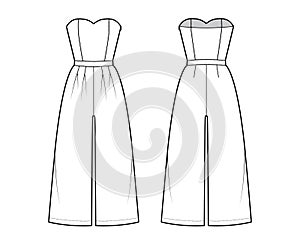 Jumpsuits culotte overall technical fashion illustration with ankle length, normal waist, rise, double pleats, strapless photo