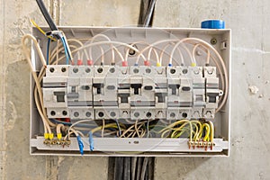 Junction box in apartment, differential automatons and circuit breakers photo