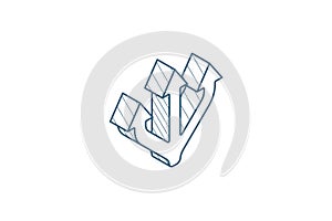 Junction Separation, three way isometric icon. 3d line art technical drawing. Editable stroke vector